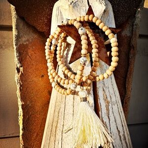 Wood bracelet trio.  White tassel & howlite stone accent beads.